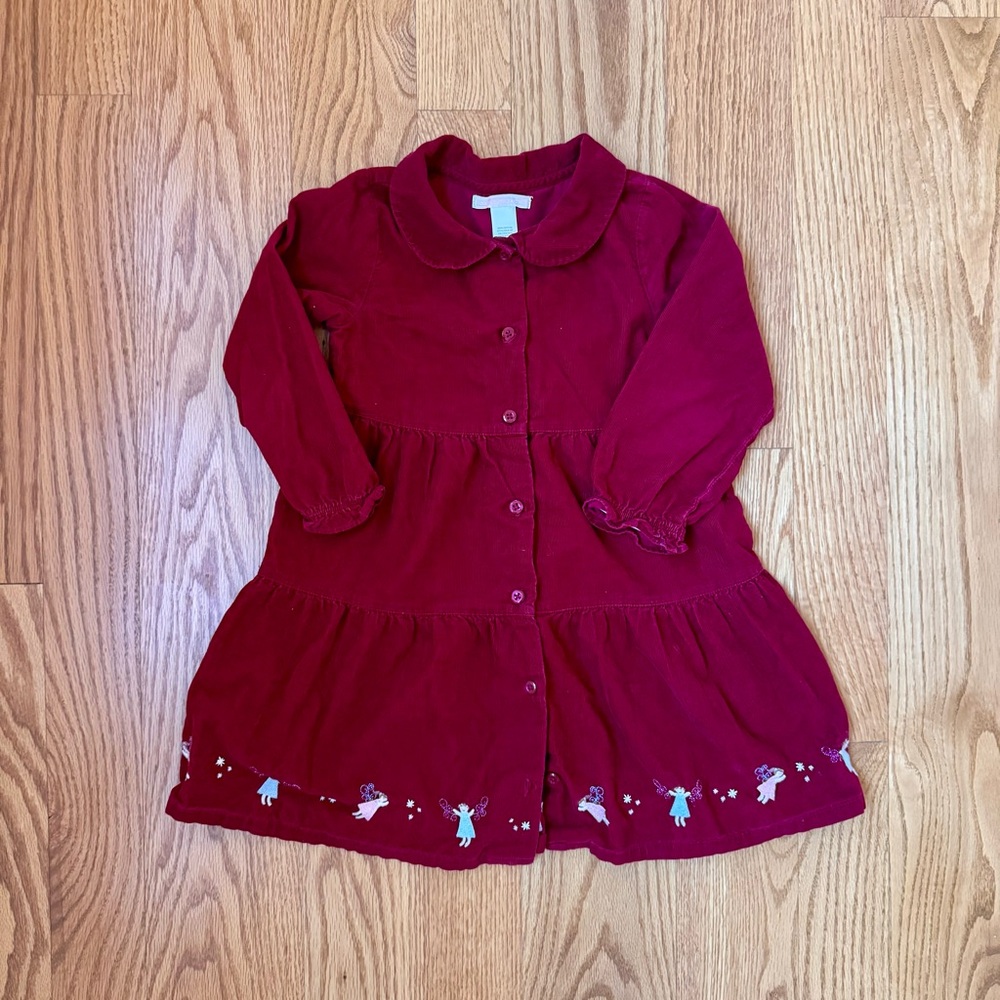 EUC Sz 4 Janie and Jack Snow Angels red Button-Up Corduroy Dress with Embroidery